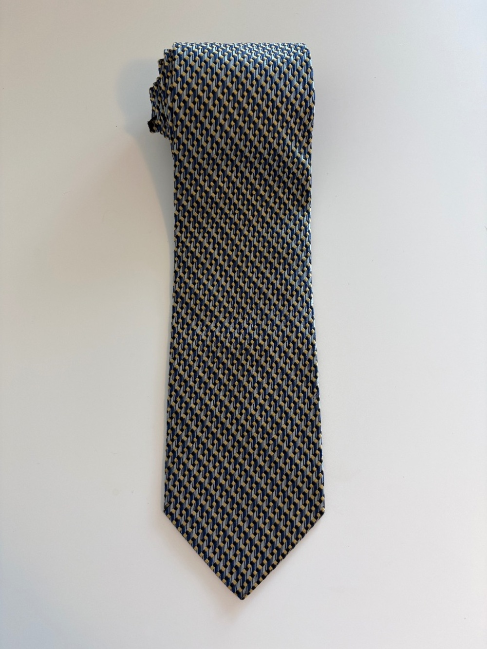 Altea Milano Italian Silk Tie Navy Blue Gold Geometric 3.75" Made in Italy